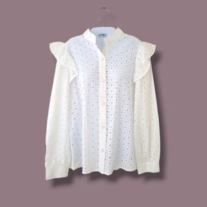 Mazik | Elegant White Boho Eyelet Ruffle Long Sleeve Button Down Top (SIZE M)